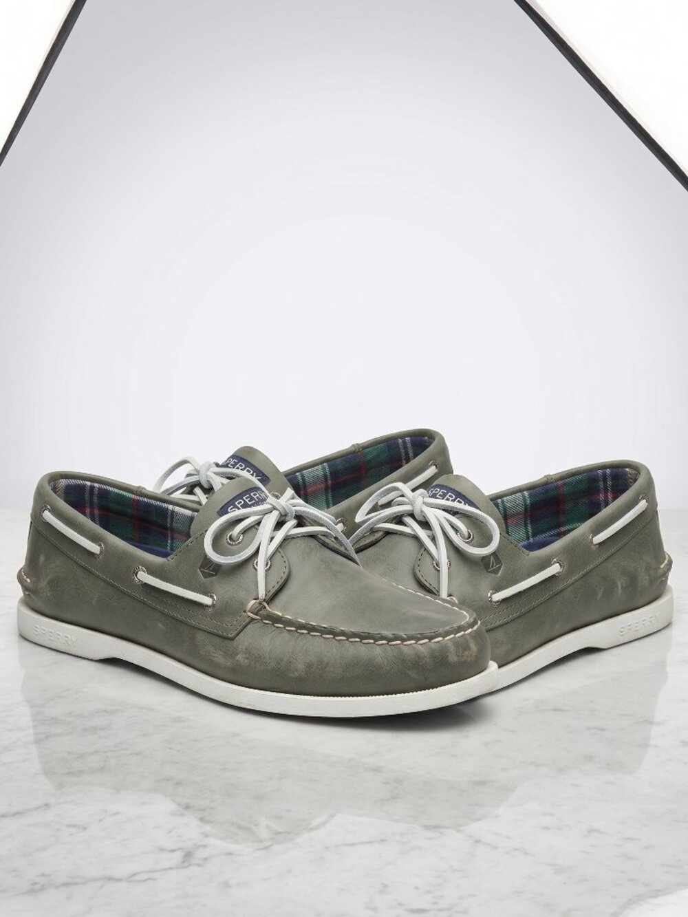 Sperry Top-Sider Authentic Original 2-Eye Boat Shoes Olive Green Leather Plaid
